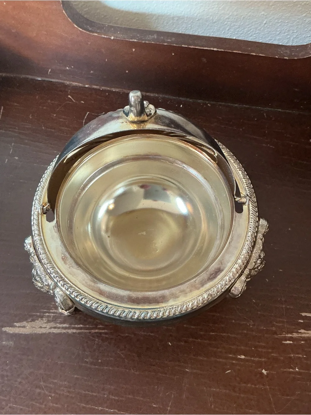 Vintage Silver Plate Roll Top Lid Caviar Butter Dish Server Lion Heads Claw Feet